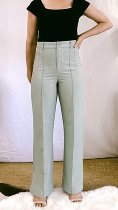 Kyra Pintuck High Waist Sage Green Straight Leg Pant - THE HOUSE OF BLONDIE Work Meeting, Straight Leg Pant, Seersucker Pants, Short Sleeve Bodysuit, Pin Tucks, Long Pants, Straight Leg Pants, Halter Top, Sage Green