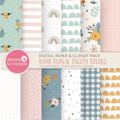 digital paper and clipart pack with floral designs