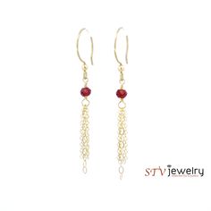 Garnet, the birthstone for January, is a very popular gemstone, and is the most well-known dark red gemstone. It is known as a symbol of love and friendship, and has been worn or carried around to attract positivity, harmony, and serenity. These garnet fringe earrings are so light, flirty, and easy to wear! You'll forget that you have them on! MATERIALGold filled ear wiresGold filled chainGenuine garnet beads SIZE5x4mm genuine garnet bead gemstones1.75 inch earring length (excluding ear wires) W Attract Positivity, Red Gemstones, Symbol Of Love, Fringe Earrings, Love Symbols, Ear Wires, Dark Red, A Symbol, Gold Chains