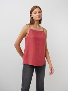 "AMBER is a simple linen strap top with a square neckline. DETAILS - Sleeveless design - Spaghetti straps - Square neckline - Oeko-Tex certified 100% local washed midweight linen - Cut and sewn to order just for you in our studio COLOR - Raspberry, you can also choose other colors above - Fabric samples are available here https://www.etsy.com/listing/586569696/linen-fabric-samples SIZING & FIT - True to size - Model is 5'10\" / 178cm and wearing a size XS CARE FOR LINEN - Machine wash up to 30ºC/86ºF gentle cycle - Lay flat to dry or tumble dry low - Warm iron if needed - Do not bleach SIZE GUIDE Size conversion guide Size XS (US 0-2, IT 36-38, UK 4-6, Japan 3-5, France 32-34) Size S (US 4-6, IT 40-42, UK 8-10, Japan 7-9, France 36-38) Size M (US 8-10, IT 44-46, UK 12-14, Japan 11-13, Fran Square Neck Top With Straps For Spring, Square Neck Tops With Straps For Spring, Square Neck Top With Adjustable Straps For Spring, Summer Cotton Tops With Straight Neckline, Cotton Tops With Straight Neckline For Summer, Summer Square Neck Camisole With Adjustable Straps, Casual Square Neck Tank Top For Beach, Casual Square Neck Camisole For Everyday, Casual Everyday Camisole With Square Neck