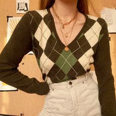 Casual Plaid Sweater For Layering, Fitted V-neck Acrylic Sweater, V-neck Top With Argyle Pattern For Fall, Trendy Fitted Green Sweater, Fall V-neck Top With Argyle Pattern, Fall Argyle V-neck Top, Fitted Long Sleeve Plaid Sweater, Fitted Plaid Long Sleeve Sweater, Retro Plaid Sweater For Fall