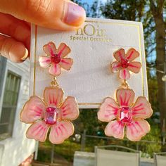 Same Day Shipping Pink Elegant Flower Earrings For Valentine's Day, Pink Dangle Flower Earrings For Gift, Pink Dangle Flower Earrings Gift, Elegant Pink Flower Earrings For Valentine's Day, Pink Flower-shaped Earrings For Valentine's Day, Pink Dangle Flower Earrings For Spring, Pink Dangle Flower Earrings For Mother's Day, Feminine Pink Flower-shaped Jewelry, Pink Drop Flower Earrings For Gift