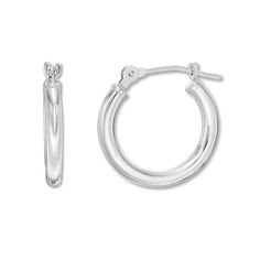 A smooth finish imbues timeless appeal to these 14K white gold hoop earrings for her. The earrings secure with snap-lock backs. Classic Polished Huggie Earrings For Formal Occasions, Classic White Gold Huggie Earrings For Formal Events, Formal Classic Huggie Earrings With Polished Finish, Classic White Gold Hoop Earrings For Formal Occasions, Classic Sterling Silver Hoop Earrings For Formal Events, Classic White Gold Huggie Earrings, Minimalist White Gold Hoop Earrings With Sterling Silver Clasp, Classic Sterling Silver Huggie Earrings, Classic White Gold Sterling Silver Huggie Earrings