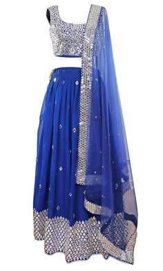 Deep blue lehenga covered in stunning mirror work with a matching blouse Plain Half Saree, Designer Wear Royal Blue Sharara For Festivals, Royal Blue Sharara For Festivals And Designer Wear, Royal Blue Sharara For Festivals Designer Wear, Royal Blue Designer Wear Sharara For Festivals, Blue Choli With Sheer Dupatta For Navratri, Blue Cutdana Sharara For Party, Festive Royal Blue Sharara For Diwali, Royal Blue Sharara For Navratri