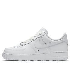 Introducing the Nike Air Force 1 '07 'Triple White' for women. This classic style takes its roots from the iconic 1982 Air Force 1 design, updating it with a modern look and feel for today's trend-conscious wearer. Crafted from white leather featuring a perforated toe box and Swoosh overlays, these sneakers are detailed with Nike heel embroidery and a crisp white sole to complete the look. This versatile sneaker is perfect for hitting the street or hitting the gym - a must-have for any fashionista's wardrobe! Get your pair of Nike Air Force 1 '07 'Triple White' today and take your style to new heights. (AF1/SNKR/Retro/Skate/Low Top/Women's/Non-Slip/Pure White/Wear-resistant) Air Force 1 Size 10, Classic Nike Air Force 1 Low-top For Streetwear, Classic Nike Air Force 1 Low-top, Air Force 1 Design, Meadow Lark, White Air Force Ones, Air Force Women, Nike Heels, Shoes Png