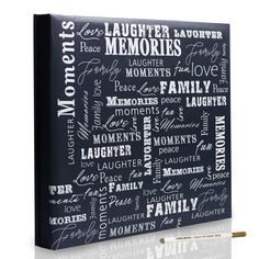 a black and white canvas with words written in different languages on it, including the word family