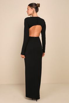 Black Maxi Dress - Back Cutout Dress - Long Sleeve Maxi Dress - Lulus Long Fitted Dress Long Sleeve, Long Sleeve Formal Dress Winter, Back Cutout Dress, Long Sleeve Wedding Dress Guest, Black Long Sleeve Dress Formal, Tight Long Black Dress, Open Back Dress Formal, Wedding Guest Dress Long Sleeve, Long Sleeve Wedding Guest Dress