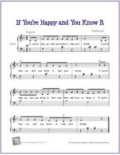 sheet music with the words if you're happy and you know it in purple