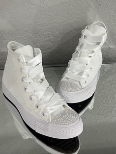 For the bride to be ️ Be comfortable on your wedding day!  The perfect sneakers for reception , bridal shower , bachelorette party etc!  SIZE: Converse run a half size big, please order accordingly No returns/exchanges on custom items . Please know your size before ordering and ask all questions prior to ordering Converse With Wedding Date, All White Wedding Converse, Wedding Dress With Converse Shoes Brides, Bridal Converse Wedding Converse, Wedding Converse Sneakers & Athletic Shoes, Converse For Wedding Bridesmaids, Bride Wedding Shoes Converse, Converse Wedding Photo, Bridal Converse Custom