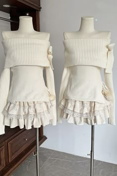 Balletcore Of Shoulder Sweater | Coquette Outfits – Boogzel Clothing Outfits With Sweaters Aesthetic, Cute Outfits Sweater, White Aesthetic Outfit, Kawaii White Sweater For Winter, Off The Shoulder Sweater, Wintercore Outfits, White Sweater Coquette, Kawaii Long Sleeve Knitted Sweater, Off The Shoulder Sweater Coquette