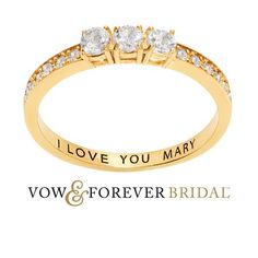 Begin your lives together with this delicately elegant wedding ring from our Vow and Forever collection! Three stone design features genuine White Topaz set on a 14K Gold plated band. Have us engrave the inside with your names, wedding date or other special message. This beautiful symbol of your love will last a lifetime! Personalization cannot contain any special characters, emojis or shapes. Size: one size.  Color: Metal Type.  Gender: female.  Age Group: adult. Engraved Wedding Ring, Elegant Wedding Rings, Engraved Wedding Rings, Beautiful Symbols, Engraved Wedding, Stone Design, Wedding Date, Special Characters, White Topaz