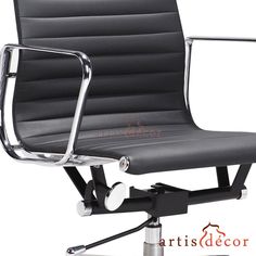 an office chair with chrome frame and black leather upholstered seat