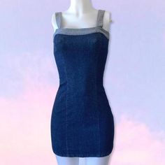 Vintage 90s y2k denim mini dress by Guess. Labeled a 7. Made in USA. Fits like a small. Has some stretch but not a ton. Perfect condition!  32" bust  26" waist  36" hip  32" length Stretch Denim Mini Dress, Trendy Stretch Denim Blue Mini Dress, Stretch Dark Wash Mini Dress, Dark Wash Fitted Sleeveless Mini Dress, Fitted Denim Blue Mini Dress, Fitted Denim Mini Dress For Summer, Stretch Denim Mini Dress In Dark Wash, Trendy Stretch Denim Mini Dress, Fitted Mini Length Denim Dress