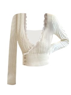 Color: White, Size: L Vintage White V-neck Top, White Open Knit V-neck Top, Lace Open Knit V-neck Top, White Bohemian V-neck Knit Top, Beige Open Knit V-neck Top, Y2k Outfits Summer, Vintage Coquette, Fall Winter Fashion, French Women Style