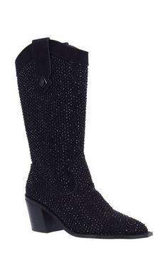 Sparkling rhinestone embellishments add glamorous appeal to a Western-inspired boot balanced by a pointy toe and stacked block heel. 2" heel 11 1/2" shaft; 15" calf circumference Pull-on style Memory foam cushioning Textile upper and lining/synthetic sole Imported Formal Embellished Heeled Boots With Round Toe, Snip Toe Boots For Evening In Fall, Snip Toe Heeled Boots With Stacked Heel For Party, Party Heeled Boots With Stacked Heel And Snip Toe, Fall Evening Boots With Snip Toe, Evening Boots With Block Heel And Medium Width, Evening Boots With Block Heel Medium Width, Evening Heeled Boots With Stacked Low Heel, Evening Stacked Heel Low Heeled Boots