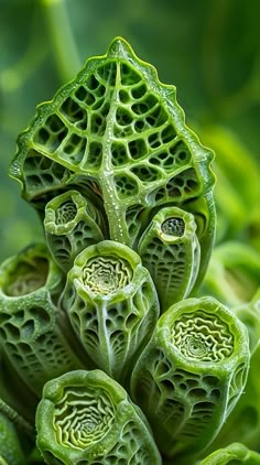 a close up view of some very pretty green plants with large leaves in the background