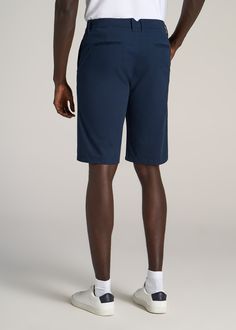 About Our Men's Long Chino Shorts Look stylish and beat the heat in these chino-style tall men's shorts. They're a shorter version of our popular chino pants that you'll want to wear all summer long. Finding clothes when you're tall is hard enough, but finding shorts is a whole other story – you need a pair that's long enough while still providing a flattering fit. That's where we come in. We crafted these shorts with your height in mind, with two different inseam options that end at the knee an Navy Chinos, Tall Men, Chinos Style, Beat The Heat, Chino Pants, Look Stylish, Tall Guys, Chino Shorts, Chinos Pants