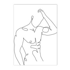 a line drawing of a man holding his arm up to his head with one hand