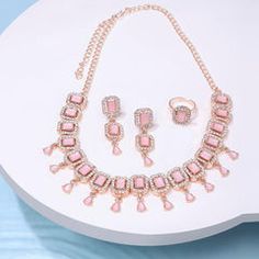 Gold Rodium Polish Pink and Majenta color Necklace in Metal Alloy studded with CZ Diamond Pop Jewelry, Pearl Clasp, Color Necklace, Women's Jewelry Sets, Cz Diamond, Metal Necklaces, Ring Set, Ring Sets, Necklace Set