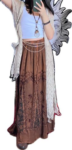 Belly Dance Style Tiered Maxi Skirt For Festival, Bohemian Long Skirt For Festival, Bohemian Lined Skirt, Bohemian Maxi Skirt For Spring, Brown Long Skirt For Festival, Long Bohemian Skirt For Festivals, Festival Long Brown Skirt, Traditional Lined Maxi Skirt For Festivals, Bohemian Long Skirt With Boho Print