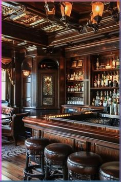 an old fashioned bar with lots of bottles and stools