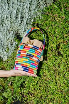 a woman's hand holding a multicolored purse on top of green grass