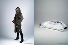 "for those who have no home, their coat is also their shelter," so rather than just clothe those in need, she's developed a hybrid shelter and garment—the coat turns into a sleeping bag, using body heat captured during the day to provide extra warmth at night.    The Element S coat is made from Tyvek and wool, simple enough to be made by first time sewers, and, in fact, designed to be. Military Style Windproof Parka For Streetwear, Military Parka With Detachable Hood For Cold Weather, Helping The Homeless, Body Heat, Sleeping Bag, Cold Winter, Magazine Design, Winter Coat, Boyfriend Jeans