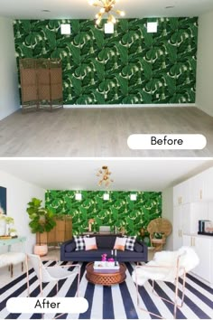 before and after photos of a living room with green wallpaper