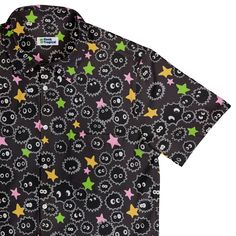 Sootsprites Anime Button Up Shirt Cute Collared Top With Graphic Print, Cute Multicolor Printed Shirt, Playful Black Cotton Shirt, Kawaii Cotton Shirt With Character Print, Short Sleeve Cosplay Shirt With Character Print, Playful Cotton Top With Anime Print, Playful Cotton Shirt With Cartoon Print, Short Sleeve Shirt With Character Print For Cosplay, Multicolor Cartoon Print Cotton Shirt