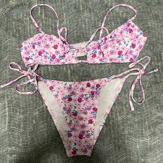 Shein Floral Swimsuit Never Worn Top And Bottom Size Medium Purple Floral Print Summer Swimwear, Shein Swimsuit, Floral Swimsuit, Cheeky Bikinis, String Bikinis, Pink Purple, Size Medium, Purple, Floral