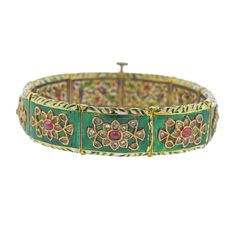 Antique Maharaja Indian bracelet, 22k gold, adorned with rose cut diamonds, rubies and enamel. Bracelet is 7" long and 15mm wide, with screw-in closure mechanism. Weight - 57.5 grams. Harrow Faire, Rings Indian Gold, Items Png, Rings Indian, Enamel Rings, Jewelry 2023, Bracelet Diamond, Ancient Jewelry, Enamel Bracelet