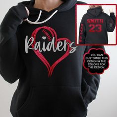 Custom Bella Canvas Football heart sweatshirts & hoodies. Personalized spirit wear with name on sleeve and name and number on the back. by KASPDesign on Etsy Black Game Day Hoodie With Team Name, Football Season Fan Gear Hoodie, Game Day Fan Apparel Hoodie, Red Team Spirit Hoodie, Customizable Fan Gear Sweatshirt, Black Varsity Hoodie With Team Name, Customizable Team Spirit Sweatshirt For Sports Events, Team Spirit Hoodie For Game Day, Collegiate Hoodie With Team Name For Game Day