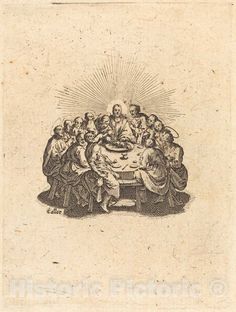 an old drawing of the last supper of jesus with seven people seated at a table