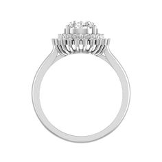 Complete your look with the exquisite Regal Round: Luxe Sunburst Halo Diamond Ring. Crafted with 14k gold and adorned with 44 sparkling diamonds totaling 0.34 carats, this dailywear halo ring is sure to make a statement. Light up any room with this 3.28 gram weight piece. White Gold Platinum Cluster Ring, Luxury Round Diamond Ring With Halo Design, Luxury Round Halo Design Diamond Ring, Anniversary Cluster Halo Ring In Platinum, White Cluster Ring With Halo Setting, Anniversary Halo Ring With Cluster Center Stone, Anniversary Cluster Halo Ring With Center Stone, Platinum Cluster Ring In White Gold, Platinum White Gold Cluster Ring