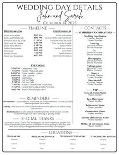 the wedding day details list is shown in black and white