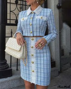 Color: blue, Size: M Tweed Two Piece, Plaid Decor, Button Outfit, Formal Skirt, Chic Type, Tweed Coat, Old Money Style, Plaid Fashion, Blue Outfit