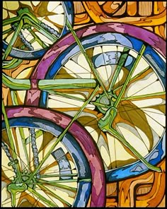 a stained glass window with bicycles on it