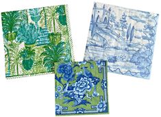 three napkins with blue and green designs on them