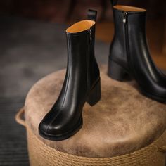 These round-toe ankle boots are just cute. Unlike traditional round toe shoes that make you look clumsy. these toes are with beautiful silhouette and make you look slim. Upper: Genuine Leather Shaft: Genuine Leather Lining: Genuine Leather/Short Plush Outsole: Rubber Toe Shape: Round Toe Closure: Zip Heel: Low chunky heel. 5cm is_handmade: Yes Low Heel Ankle Boots, Beautiful Silhouette, Round Toe Shoes, Leather Short, Leather Shorts, Toe Shoes, Heeled Ankle Boots, Chunky Heel, Chunky Heels