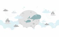 two whales swimming in the ocean with castle and clouds behind them on a white background