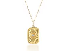 This Diamond Eye Charm is available in 14k yellow. Perfect piece to layer with other charms or wear alone. Charm is approximately 1" Diamond Total Weight: 0.20 CT Sold with our 16" baby link chain,16"-18"-20"cable chain or without a chain. Yellow Gold Plated Charm Necklace With Rectangular Pendant, Yellow Gold-plated Charm Necklace With Rectangular Pendant, Yellow Gold Plated Rectangular Pendant Charm Necklace, Yellow Gold Rectangular Pendant Charm Necklace, Rectangular Pendant Charm Necklace In Yellow Gold, Yellow Gold Rectangular Cable Chain Necklaces, Yellow Gold Rectangular Cable Chain Necklace, Rectangular Yellow Gold Necklace With Cable Chain, 14k Gold Pendant Necklace With Paperclip Chain