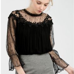 This Gorgeous Black Lace Top Is By Pol. It Is Lined With Gorgeous Lace Overlay. This Is Brand New Boutique Product. Chic Tops With Lace Sleeves For Formal Occasions, Chic Formal Tops With Lace Sleeves, Feminine Workwear Tops With Lace Sleeves, Feminine Tops With Lace Sleeves For Work, Spring Workwear Blouse With Lace Sleeves, Spring Tops With Lace Sleeves For Work, Spring Workwear Tops With Lace Sleeves, Sheer Black Blouse For Fall, Feminine Tops With Sheer Sleeves For Fall