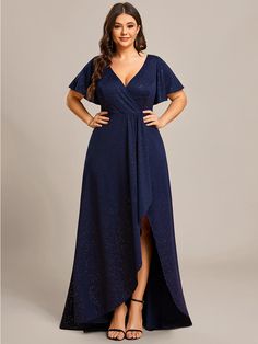 Shop the Plus High Low Split Shiny Evening Dresses with Ruffle Sleeves. Perfect for special occasions with A-line silhouette, V-neck, and high-quality fabric blend for a luxurious feel. Ideal for formal dinners, cocktail parties, and special events. Get yours now! High Low Evening Dresses, High Low Gown, Sukienki Plus Size, Dress With Ruffle Sleeves, Plus Size Formal Dresses, Plus Size Formal, Ever Pretty, Evening Dresses Plus Size, Evening Dresses Cocktail