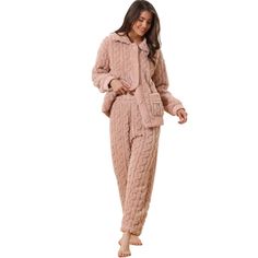 Fluffy Fleece Pajama Set Soft Warm for cold winter season. Featrued Pockets Button Down Long Sleeve, elastic waist wide-leg pants. This fleece pajama set is easy to put on or take off, which can give you a warm and cozy wear experience, and keep you nice and comfortable all day. Made of super fleece fabric, this fleece pajama set for women is soft, thick, and comfortable to wear. This fleece long sleeve pajama set features point collar, button front, keeping warm at winter and ensuring cozy wear Winter Loungewear Sets, Cozy Winter Sleepover Sets, Winter Season, Pajama Set, Wide Leg Pants, Elastic Waist, Pajamas, Elastic, Long Sleeve