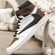 Classic Jordan Shoes With Lace-up And White Sole, Classic High-top Jordan Shoes With Contrast Sole, Classic Nike Sneakers With Contrast Sole, Classic Brown Custom Sneakers For Sports, Classic Brown Custom Sneakers For Streetwear, Classic Nike Custom Sneakers With Laces, Classic Nike Custom Sneakers, Classic Nike Lace-up Custom Sneakers, Classic Nike Lace-up Sneakers