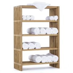 bamboo shelf with towels on it and folded white towels in the bottom half, all stacked up