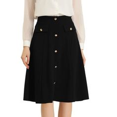 Allegra K Women's Button Decor Work A-Line Formal Knee Length Skirt Black X-Large Fall A-line Skirt With Buttons, Knee-length Skirt With Button Closure, Knee-length Denim Skirt With Button Closure, Chic A-line Skirt With Button Closure, Knee-length Buttoned Skirt, Solid Knee-length Skirt With Buttons, Fitted A-line Bottoms With Buttons, Chic Skirt With Gold Buttons For Work, Relaxed Knee-length Skirt With Button Closure