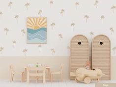 a small wooden table and chairs in a room with palm trees painted on the wall