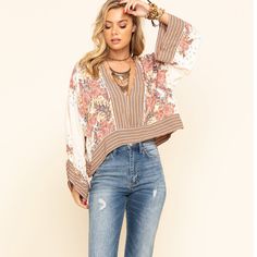 100% Cotton Bell Sleeves V-Neckline Hi-Low Hem Pattern Print New With Tags Flowy V-neck Blouse With Boho Print, Henley Shirt Women, Battenburg Lace, Floral Print Crop Top, Lace Short Sleeve Top, Free People Blouse, Maxi Tops, Free People Tunic, Cowl Neck Long Sleeve