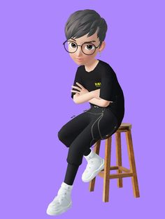 a person sitting on top of a stool with their arms crossed and legs crossed, in front of a purple background